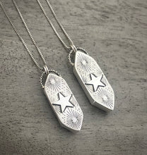 Load image into Gallery viewer, RESERVED: Blue Goldstone & Quartz Elongated Hex Pendants