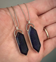 Load image into Gallery viewer, RESERVED: Blue Goldstone & Quartz Elongated Hex Pendants