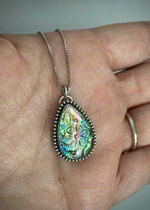 Carved Abalone & Quartz Flower Pendant