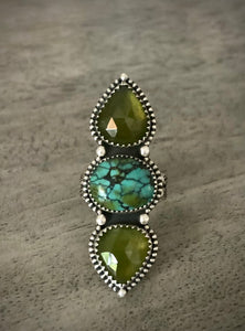 Vesuvianite & Turquoise Triple Stoned Ring