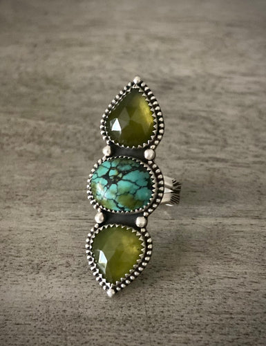 Vesuvianite & Turquoise Triple Stoned Ring