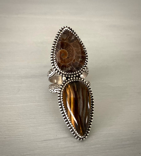 Ammonite & Tiger Eye Ring