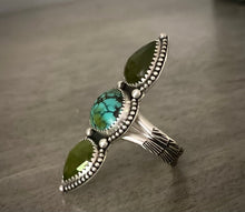 Load image into Gallery viewer, Vesuvianite &amp; Turquoise Triple Stoned Ring