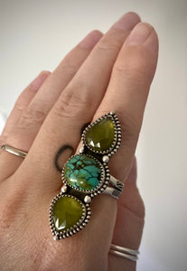 Vesuvianite & Turquoise Triple Stoned Ring