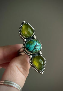 Vesuvianite & Turquoise Triple Stoned Ring