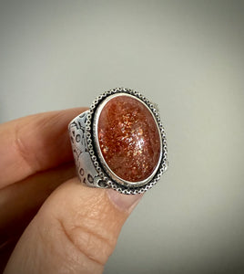 Sunstone Skull Wide Band Ring