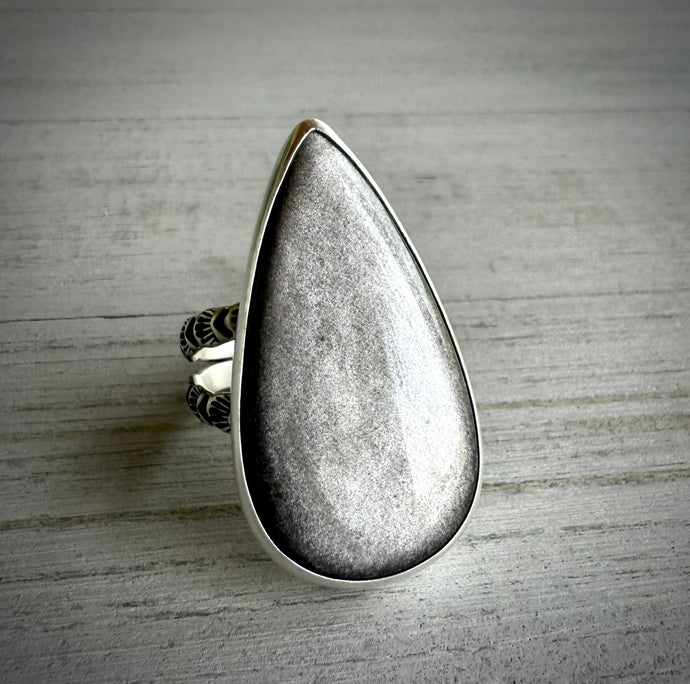 Hand Stamped Silver Obsidian Ring