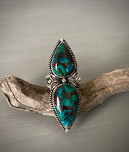 Load image into Gallery viewer, Double Stoned Peruvian Chrysocolla Stamped Ring