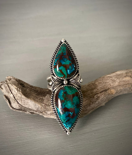 Double Stoned Peruvian Chrysocolla Stamped Ring