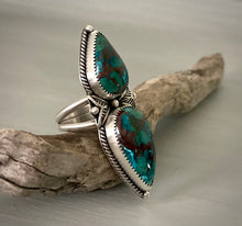 Load image into Gallery viewer, Double Stoned Peruvian Chrysocolla Stamped Ring