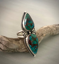 Load image into Gallery viewer, Double Stoned Peruvian Chrysocolla Stamped Ring