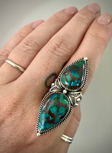 Double Stoned Peruvian Chrysocolla Stamped Ring