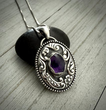 Load image into Gallery viewer, Tooled Floral Amethyst Pendant