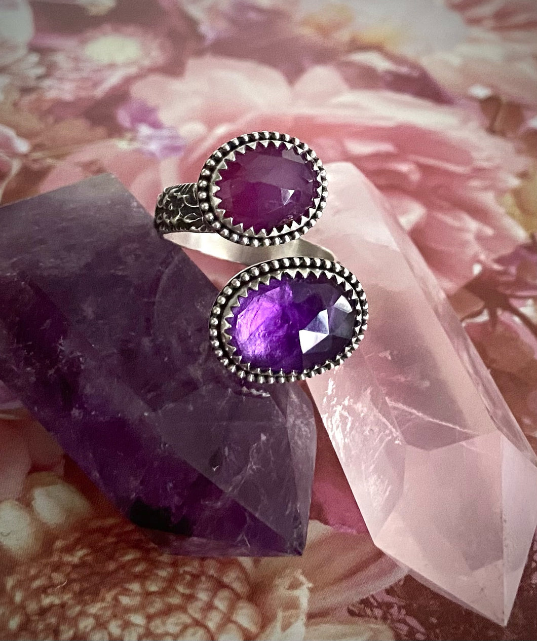 Pink Sapphire & Amethyst Floral Wrap Ring