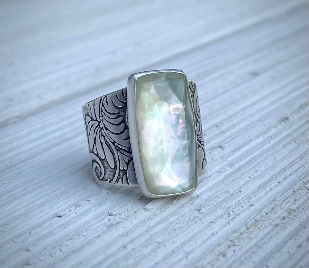 Mother of Pearl & Quartz Wide Band Ring