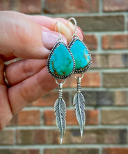 Load image into Gallery viewer, Turquoise Feather Drop Earrings