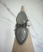 Load image into Gallery viewer, Grey Moonstone &amp; Silver Obsidian Flourish Ring
