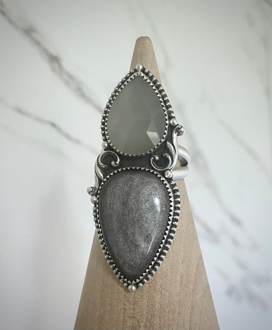 Grey Moonstone & Silver Obsidian Flourish Ring